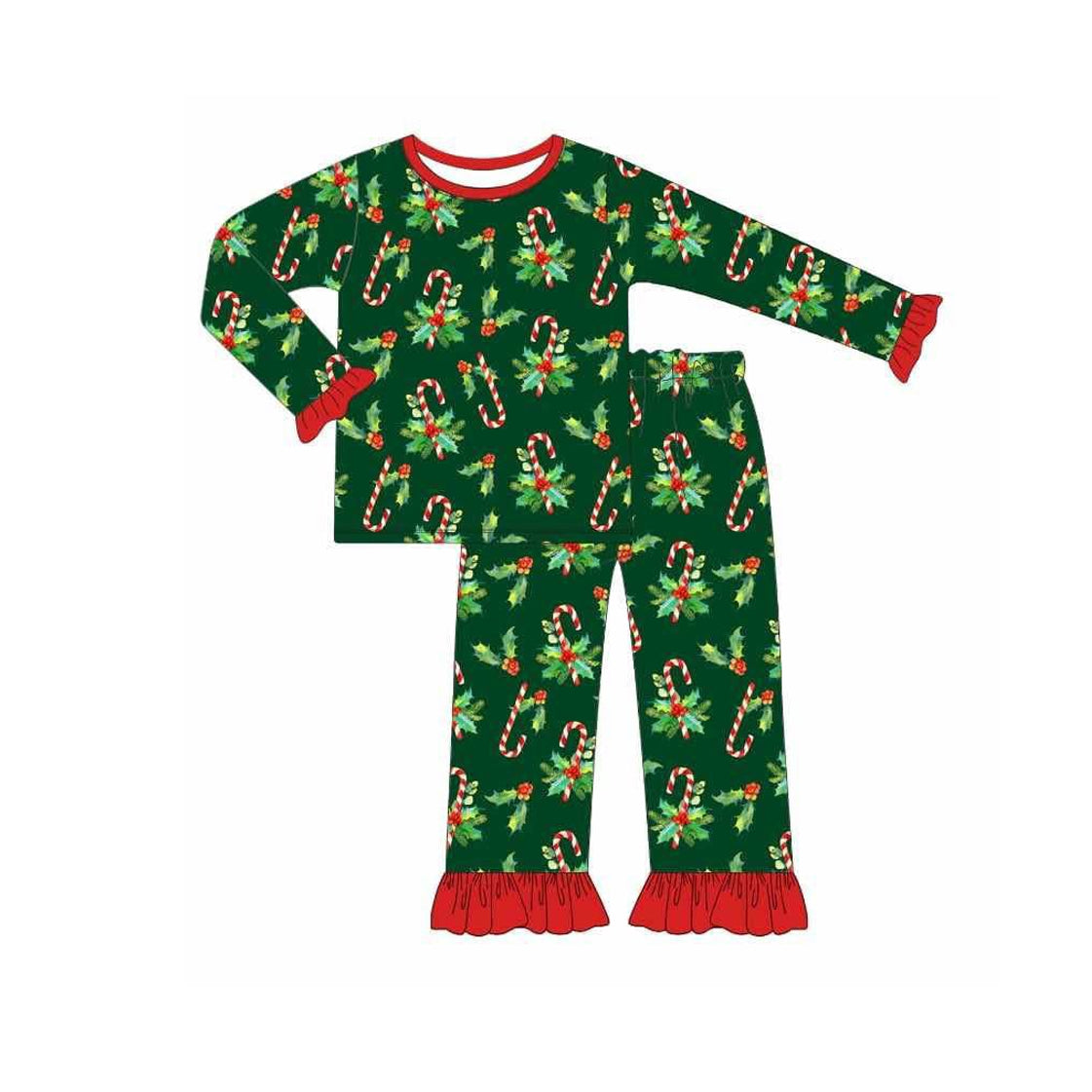 Baby Girls Dark Green Long Ruffle Sleeves Holly Candy Cane Top Pant Pajamas Set Preorder