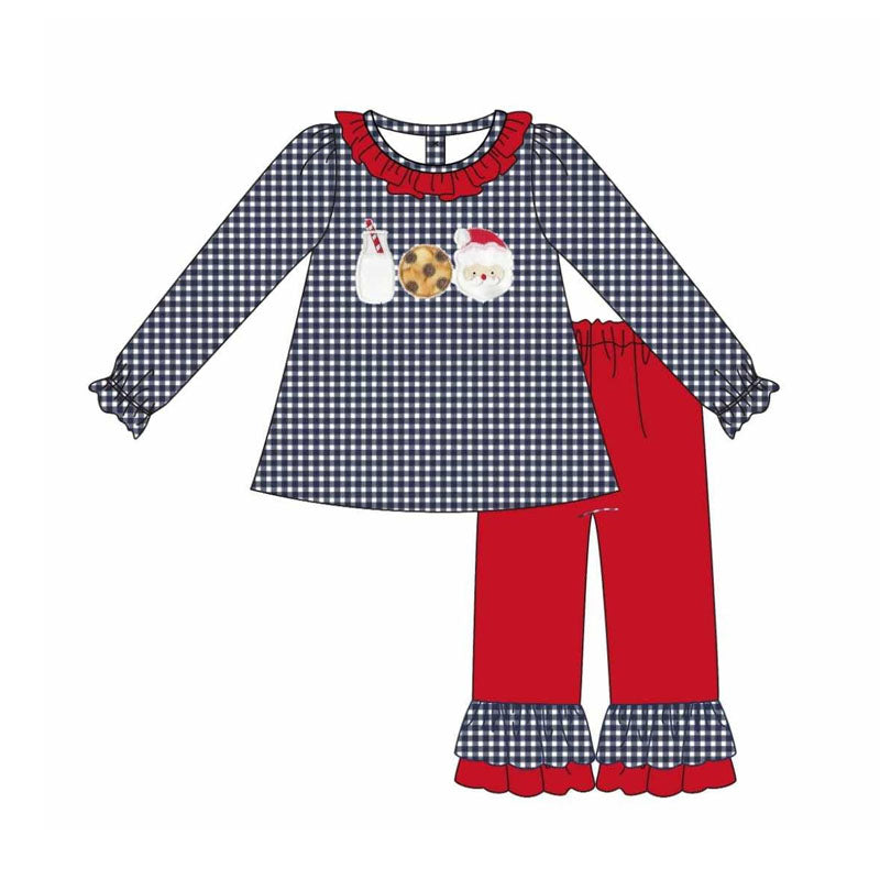 Preorder moq 5 Baby Girls Black Checked Milk Santa Tunic Ruffle Pant Christmas Set