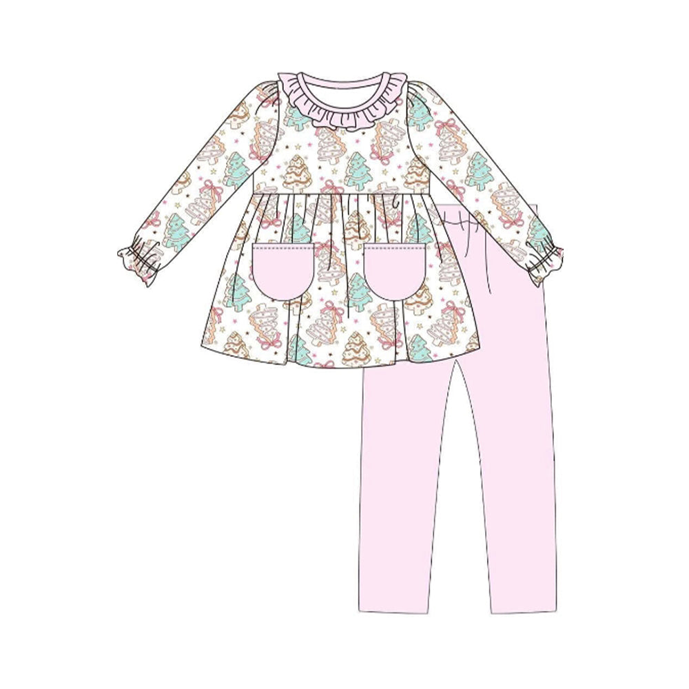 Preorder moq 5 Baby Girls Pink Trees Pockets Tunic Legging Pant Christmas Set
