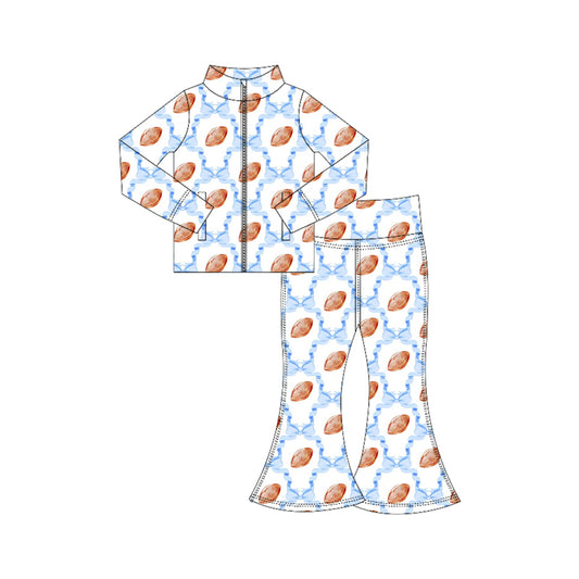 Baby Girls Blue Bow Footballs Pockets Zipper Top Bell Bottom Pant Set Preorder