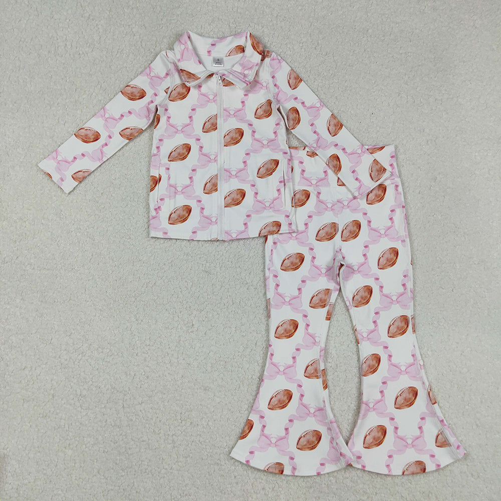 Baby Girls Yoga Pink Bow Footballs Pockets Zipper Top Bell Bottom Pants Sets