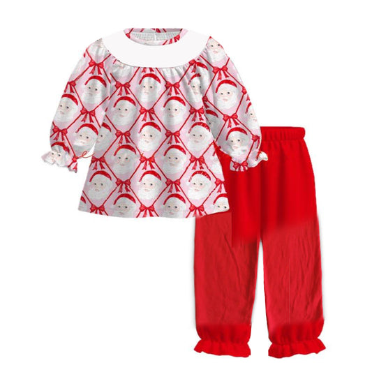 Baby Girls Long Sleeves Pink Santa Bows Plaid Tunic Ruffle Pants Set Preorder