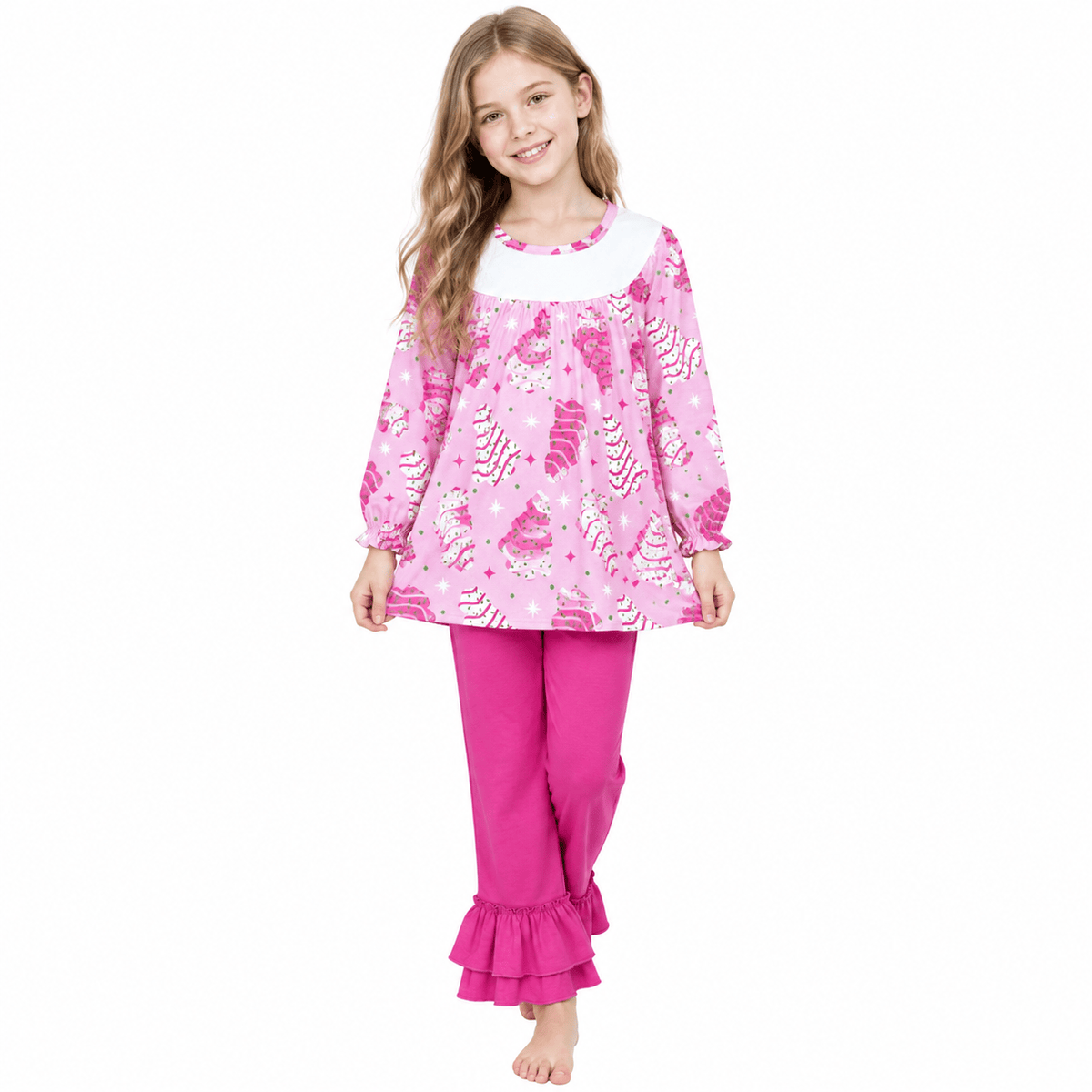 Baby Girls Pink Stripe Trees Tunic Ruffle Pants Christmas Clothes Set