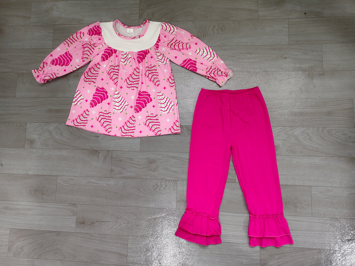 Baby Girls Pink Long Sleeves Stripe Trees Tunic Ruffle Pants Christmas Set Preorder
