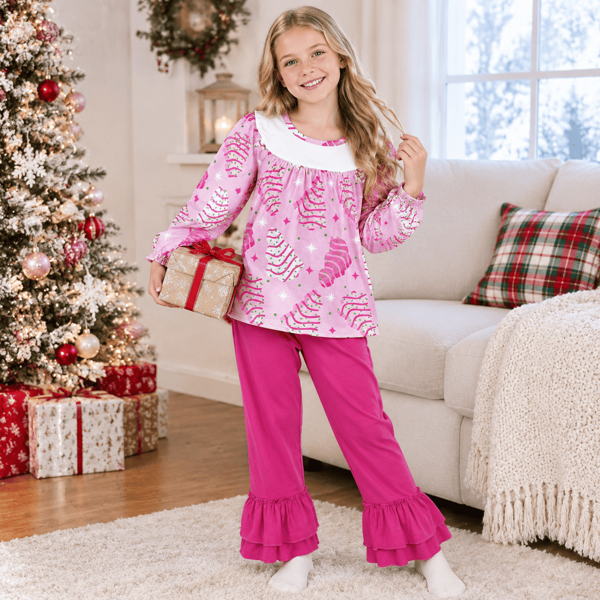Baby Girls Pink Stripe Trees Tunic Ruffle Pants Christmas Clothes Set