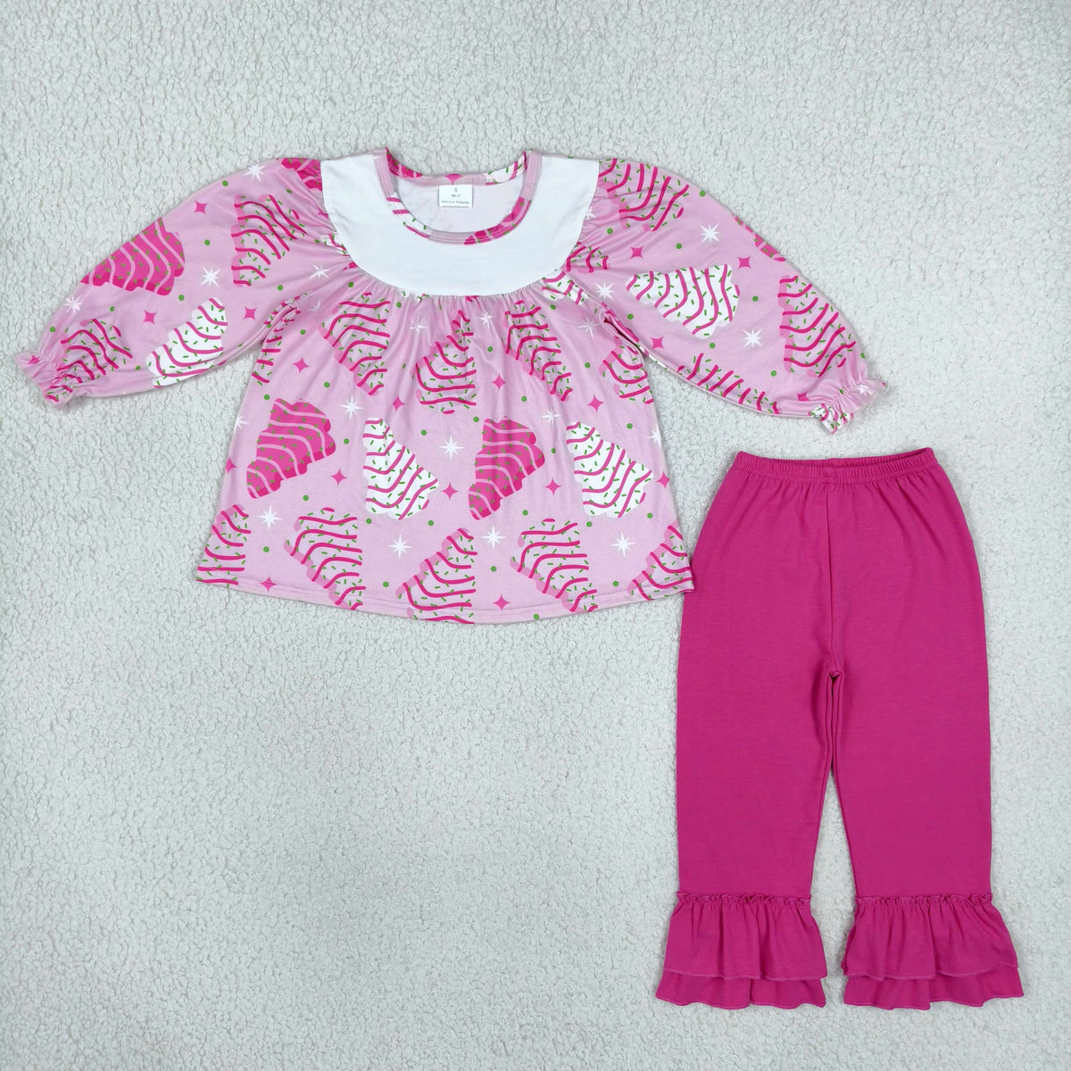 Baby Girls Pink Stripe Trees Tunic Ruffle Pants Christmas Clothes Set