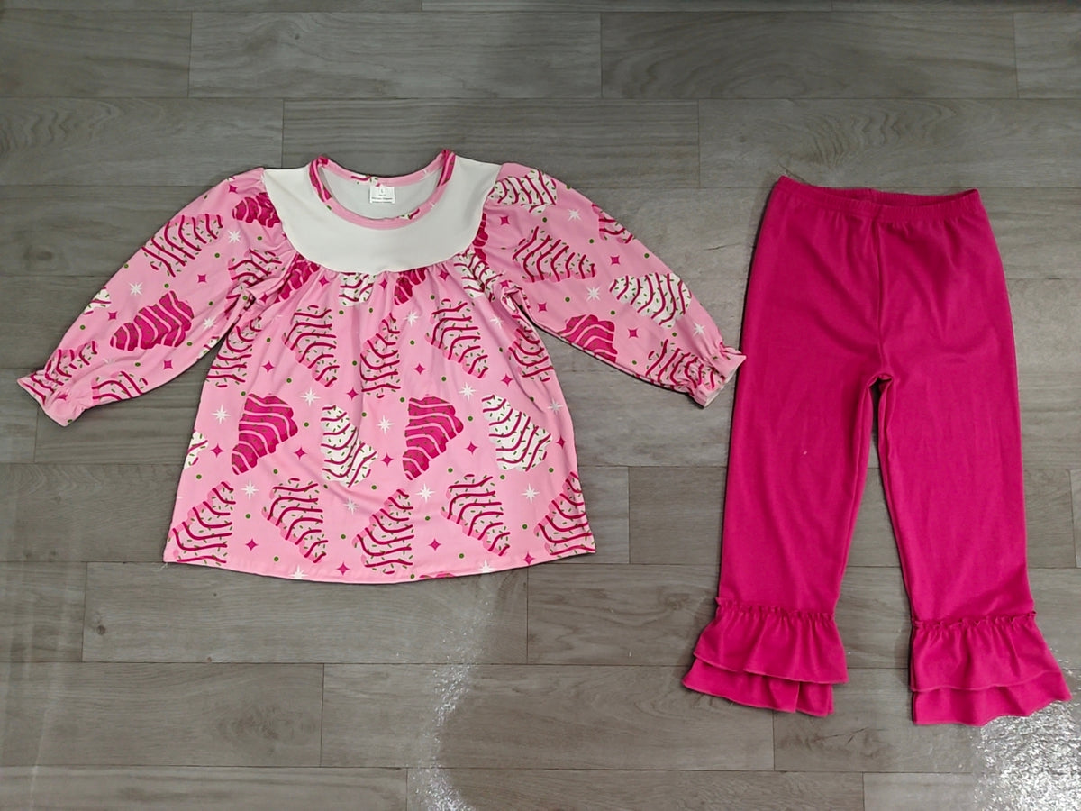 Baby Girls Pink Long Sleeves Stripe Trees Tunic Ruffle Pants Christmas Set Preorder