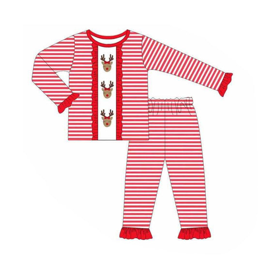 Baby Girls Red Stripe Long Ruffle Sleeves Deer Top Pants Pajamas Set Preorder