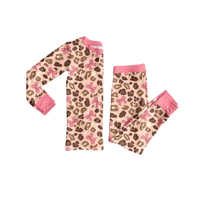 Baby Girls Pink Long Sleeves Bows Leopard Top Pants Pajamas Set Preorder