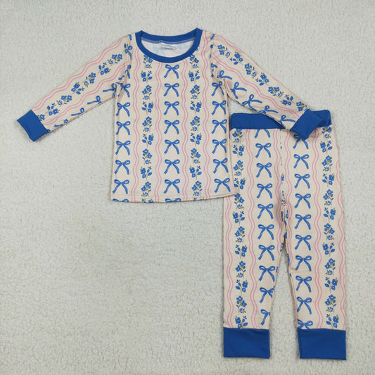 Baby Girls Long Sleeves Blue Bows Flower Stripe Top Pants Pajamas Sets