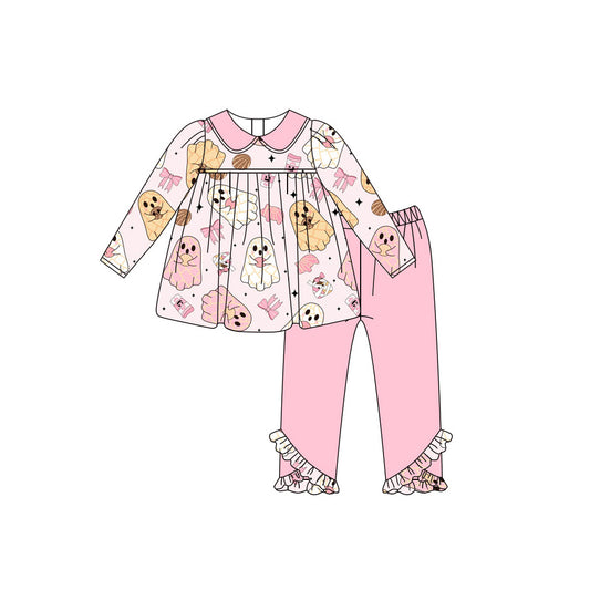 Baby Girls Pink Long Sleeves Bows Ghosts Tunic Ruffle Legging Pant Set Preorder