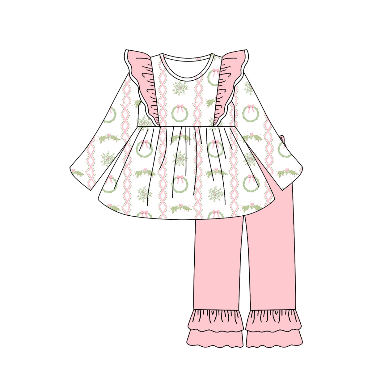 Baby Girls Pink Long Sleeves Pink Bows Holly Plaid Tunic Ruffle Pants Set