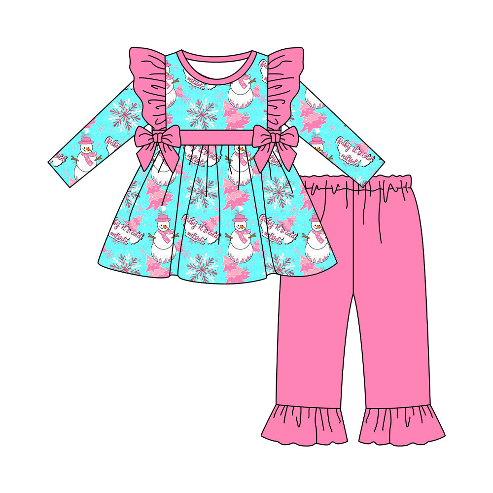 Preorder moq 5 Baby Girls Snowman Trees Bows Tunic Ruffle Pants Christmas Set