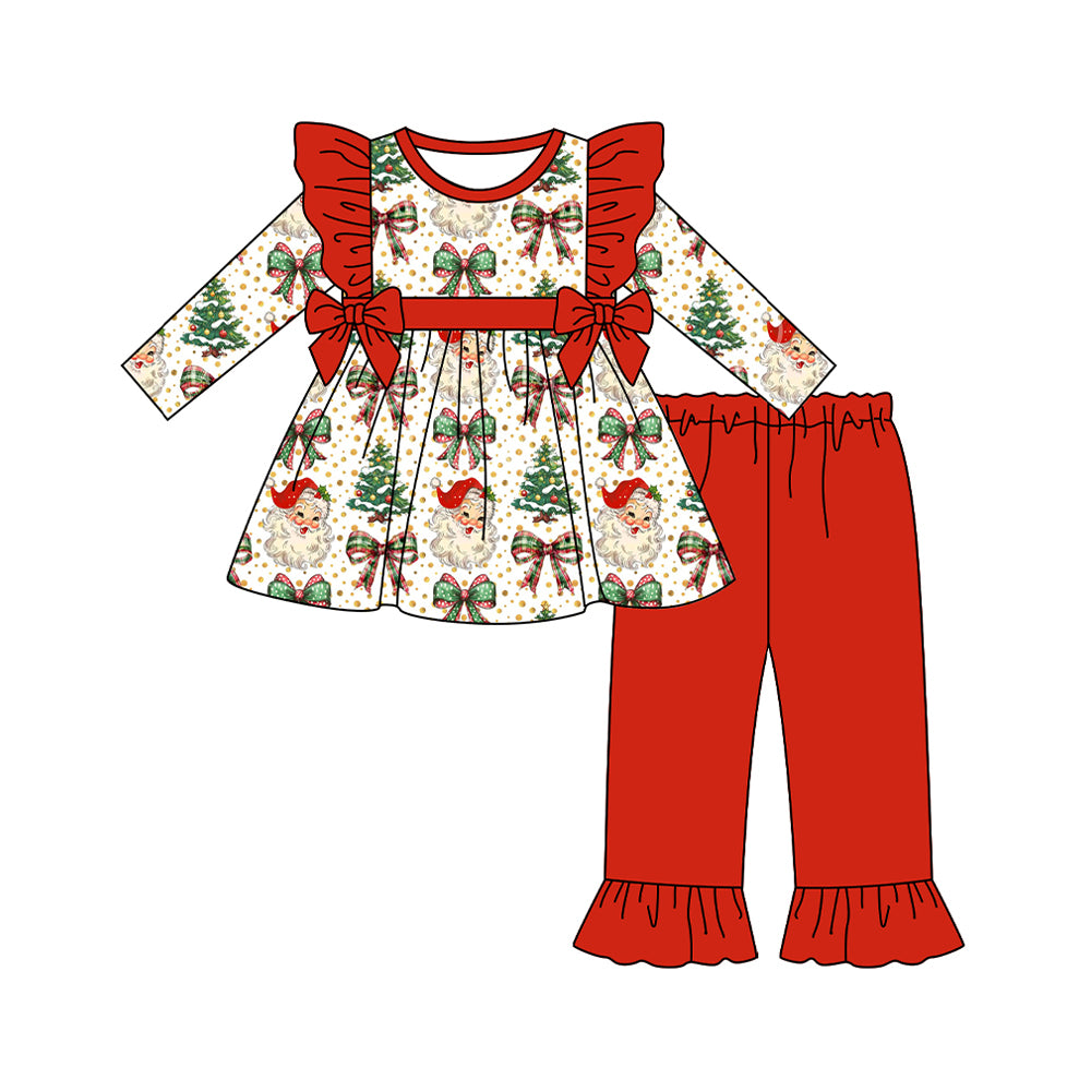 Preorder moq 5 Baby Girls Santa Bows Trees Tunic Red Ruffle Pant Christmas Set
