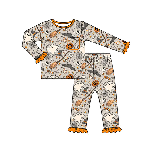 Preorder moq 5 Baby Girls Ghost Pumpkins Top Ruffle Pant Halloween Pajamas Set