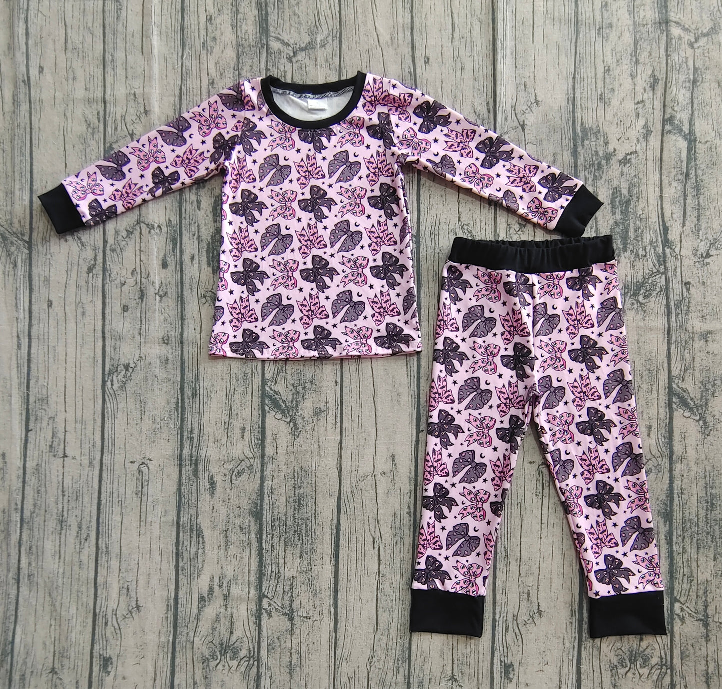 Baby Girls Long Sleeves Black Pink Bows Stars Top Pant Pajamas Sets