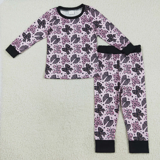 Baby Girls Long Sleeves Black Pink Bows Stars Top Pant Pajamas Sets