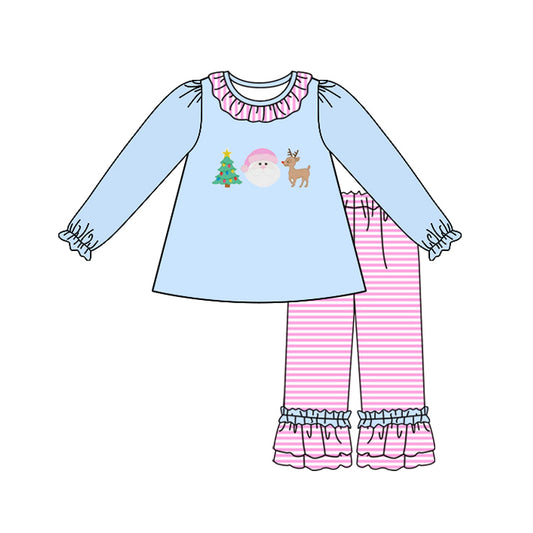 Baby Girls Blue Long Ruffle Sleeves Santa Trees Tunic Pink Stripe Pant Set Preorder