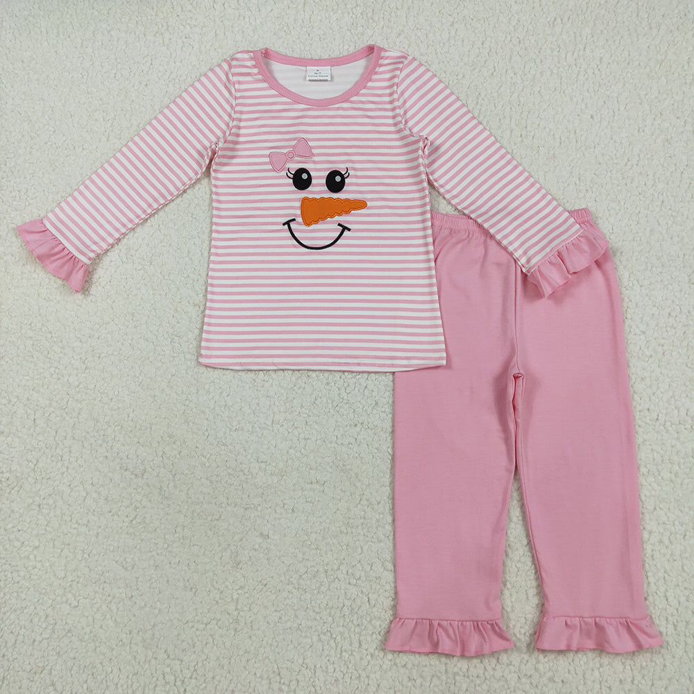 Embroidery Baby Girls Christmas Pink Stripe Bow Snowman Top Pants Pajamas