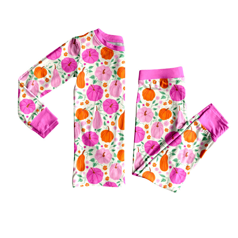 Baby Girls Long Sleeves Pink Flower Pumpkins Top Pant Pajamas Set Preorder