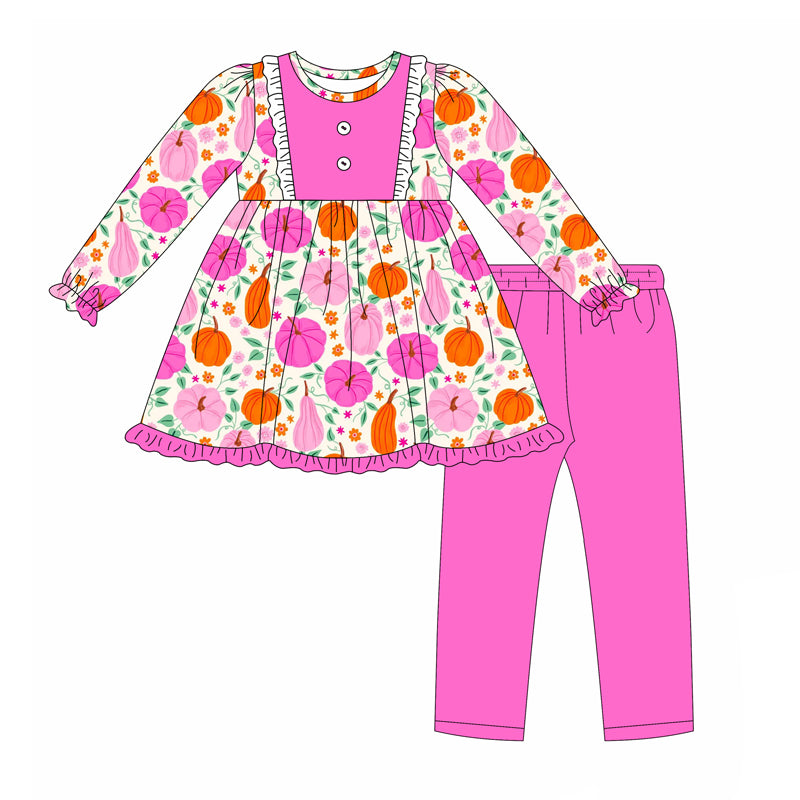 Baby Girls Long Sleeves Pink Flower Pumpkins Tunic Legging Pant Set Preorder