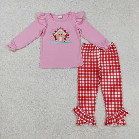Baby Girls Pink Christmas Candy Cane Top Red Plaid Pockets Pants Sets
