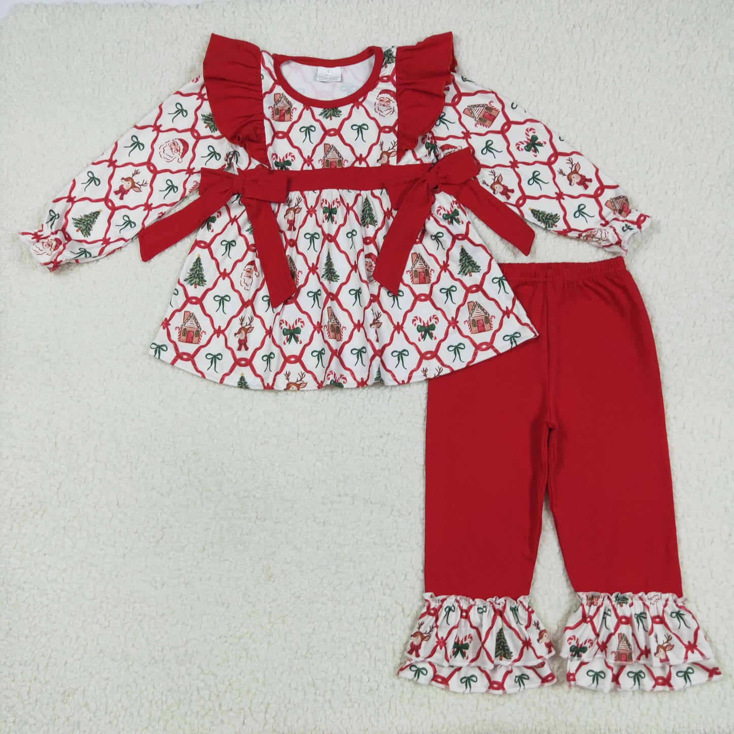 Sibling Baby Girls Long Ruffle Sleeves Santa Trees Bows Tunic Pants Christmas Clothes Sets
