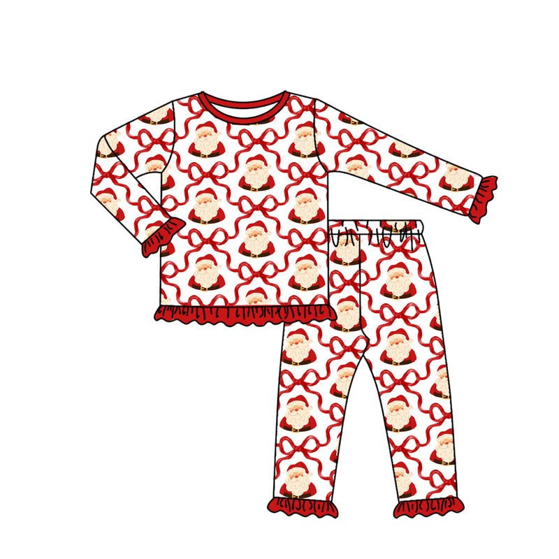 Baby Girls Long Ruffle Sleeves Bows Santa Plaid Top Pant Pajamas Set Preorder