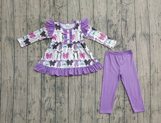 Baby Girls Long Sleeves Purple Bows Button Top Legging Pants Sets