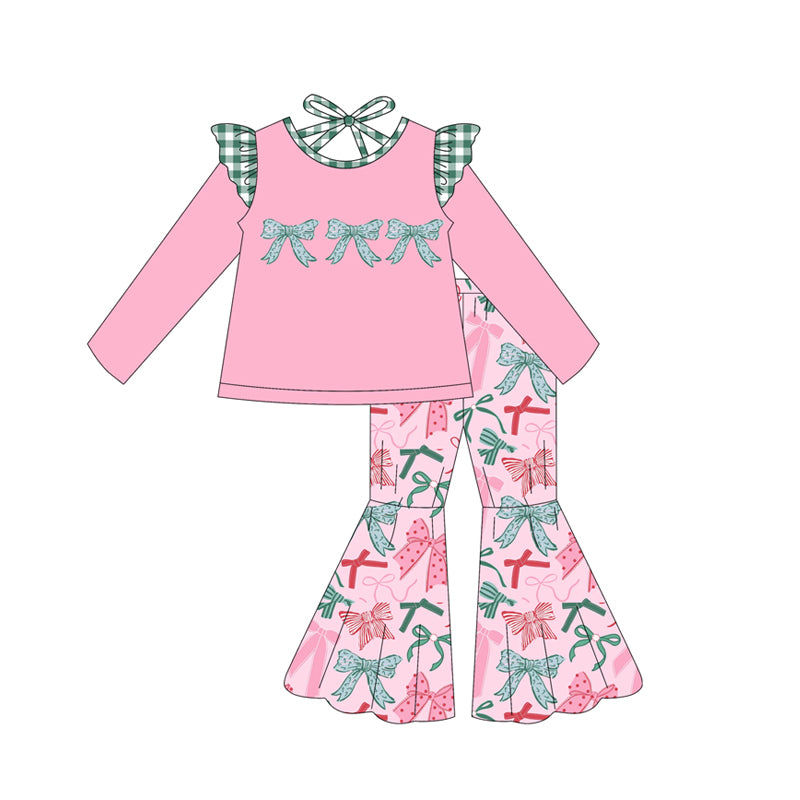 Baby Girls Pink Long Sleeves Floral Bows Tunic Bell Bottom Pant Set Preorder