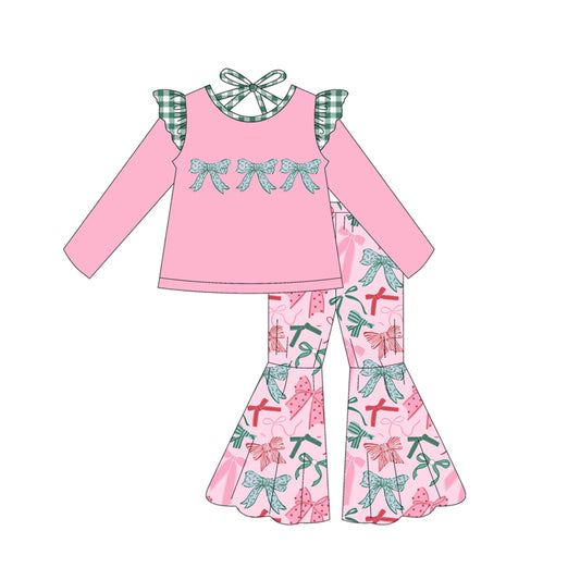 Baby Girls Pink Long Sleeves Floral Bows Tunic Bell Bottom Pant Set Preorder