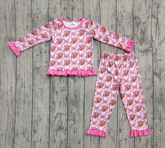Baby Girls Pink Bows Footballs Top Pant Team Pajamas Set