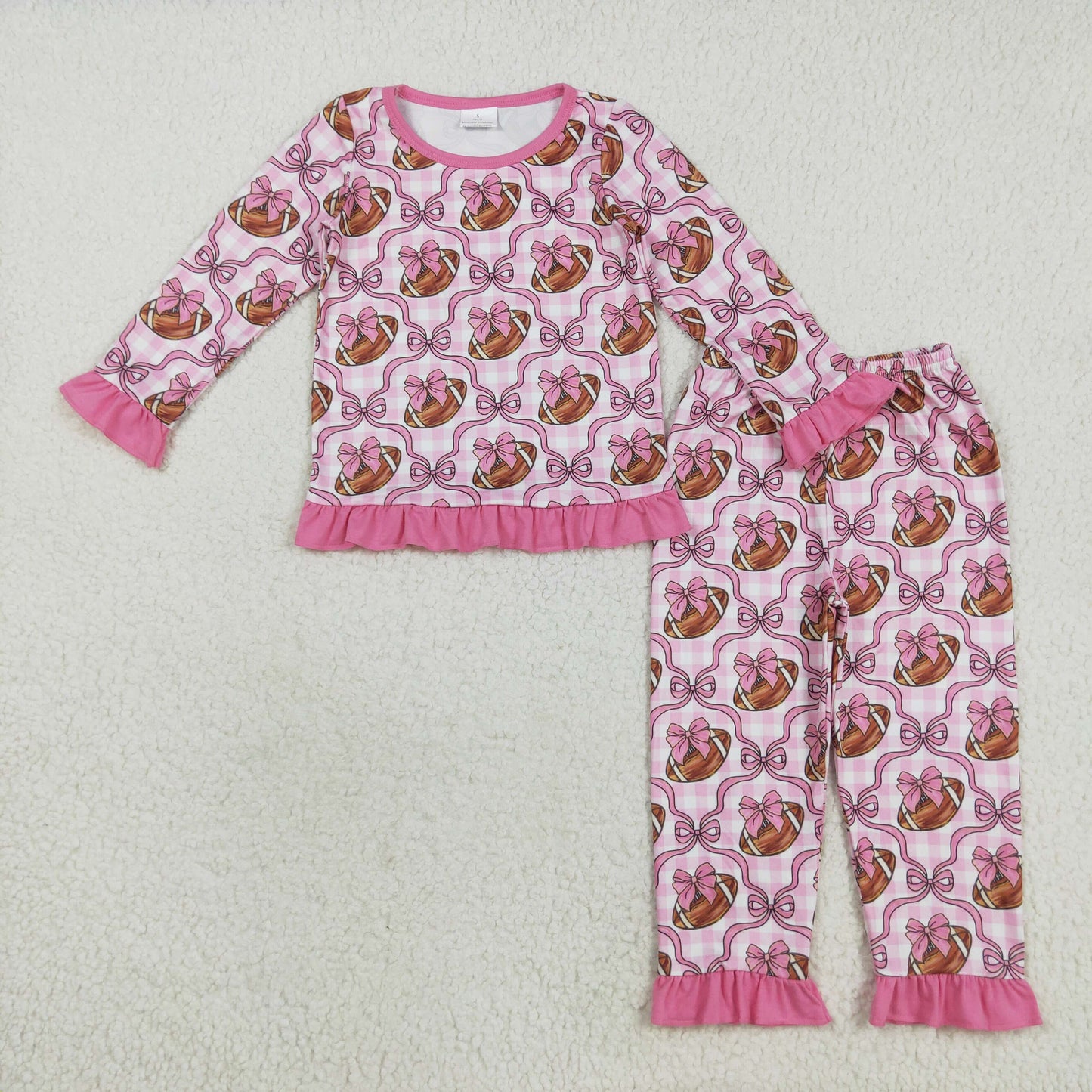 Sibling Baby Girls Pink Bows Footballs Top Pant Team Pajamas Set Zipper Footie Rompers