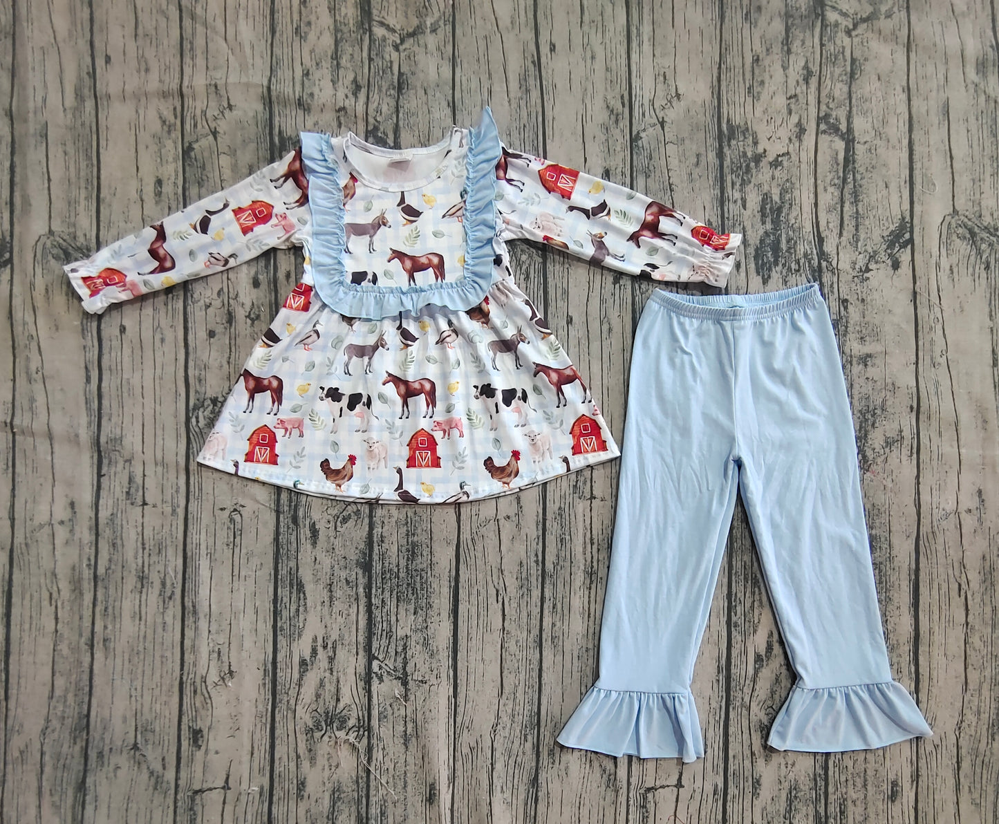 Baby Girls Long Ruffle Sleeves House Chicks Tunic Pant Farm Sets