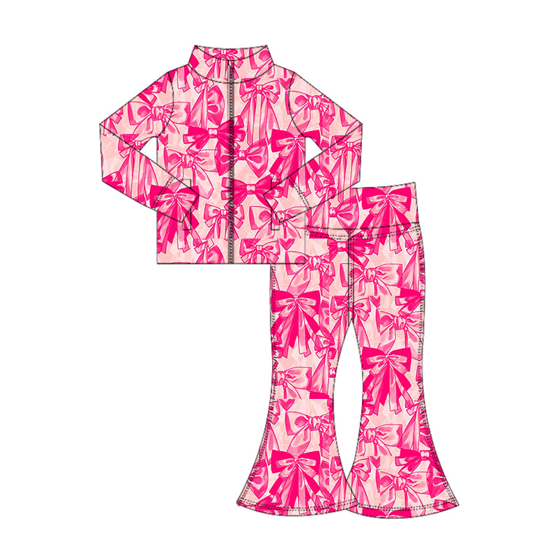 Preorder moq 5 Baby Girls Pink Bows Plaid Zipper Pockets Top Bell Bottom Pant Set