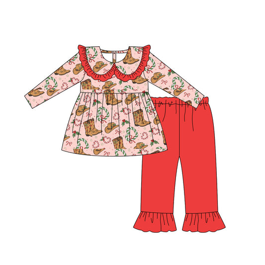 Baby Girls Pink Long Sleeves Holly Boots Tunic Ruffle Pants Set Preorder