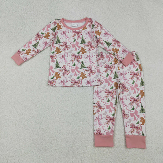 Baby Girls Pink Christmas Trees Gingerbread Top Pants Pajamas Sets