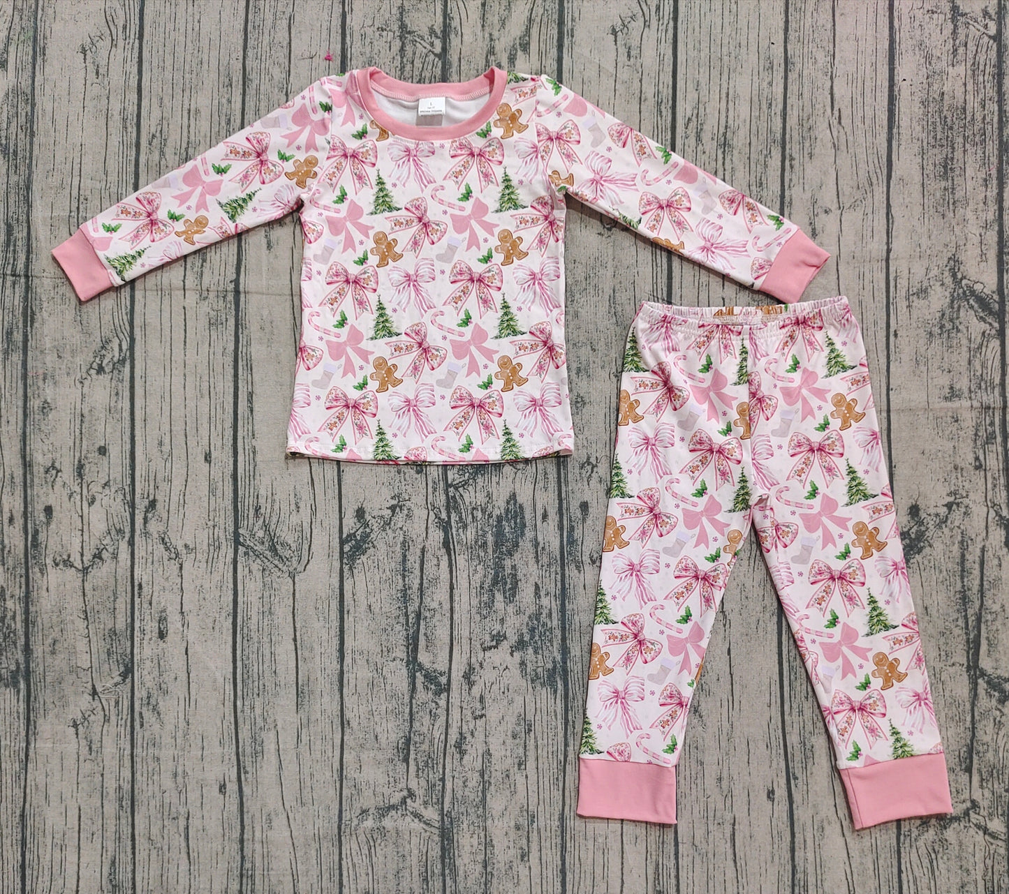 Baby Girls Pink Christmas Trees Gingerbread Top Pants Pajamas Sets