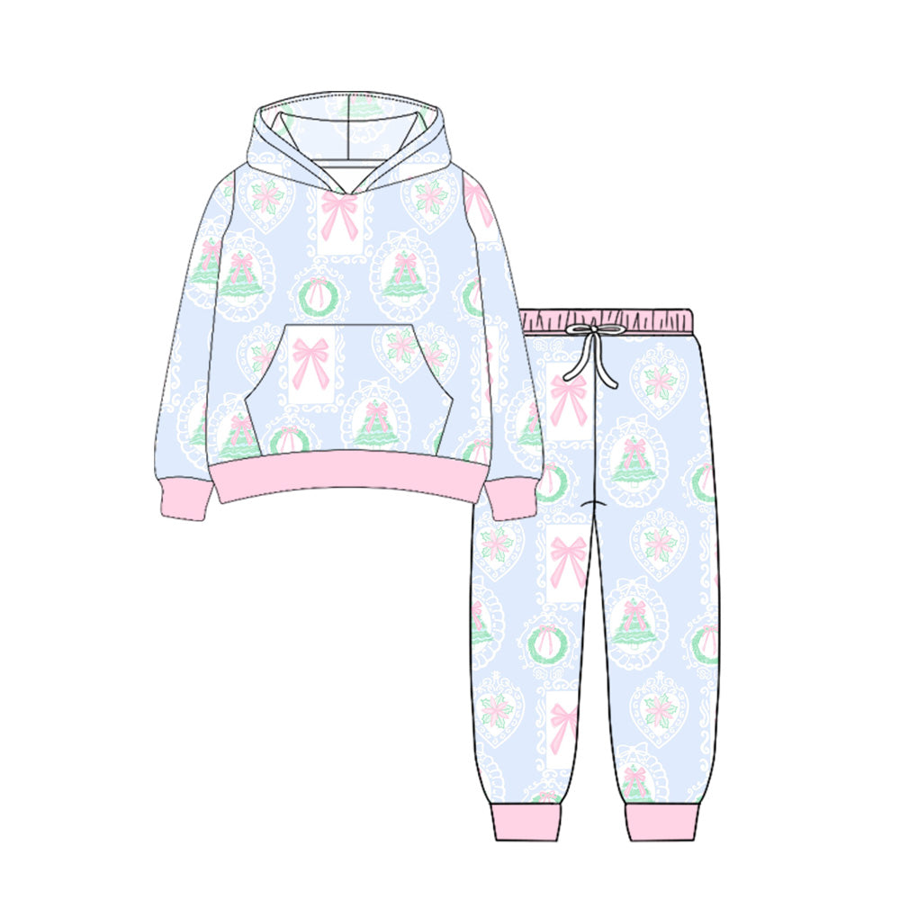 Baby Girls Long Sleeves Holly Bows Trees Pocket Hoodies Legging Pants Set Preorder
