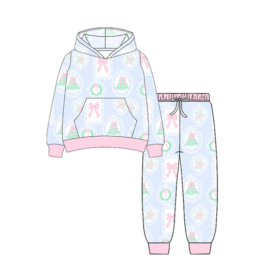 Baby Girls Long Sleeves Holly Bows Trees Pocket Hoodies Legging Pants Set Preorder