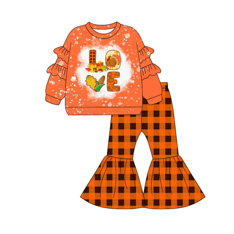 Baby Girls Long Sleeves Turkey LOVE Tunic Plaid Bell Bottom Pant Set Preorder