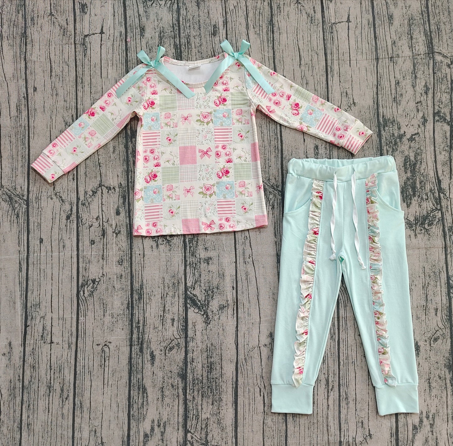 Baby Girls Flowers Checked Bows Top Ruffle Pockets Pants Clothes Sets
