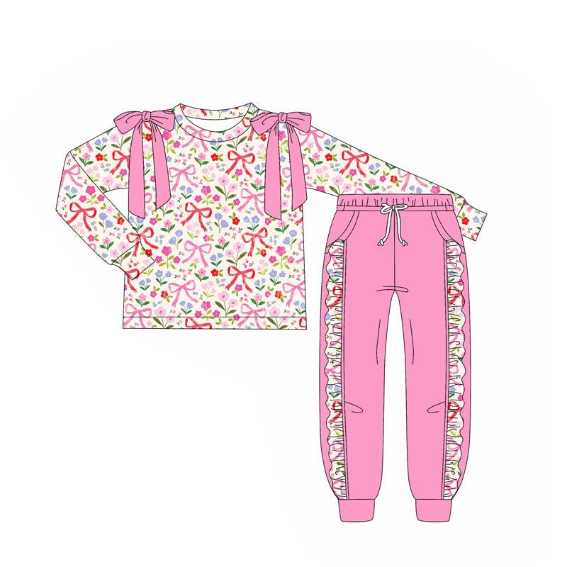 Baby Girls Long Sleeves Pink Bows Flowers Top Pockets Pant Set Preorder