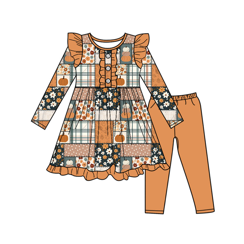 Baby Girls Long Sleeves Pumpkins Flowers Button Tunic Legging Pant Set Preorder