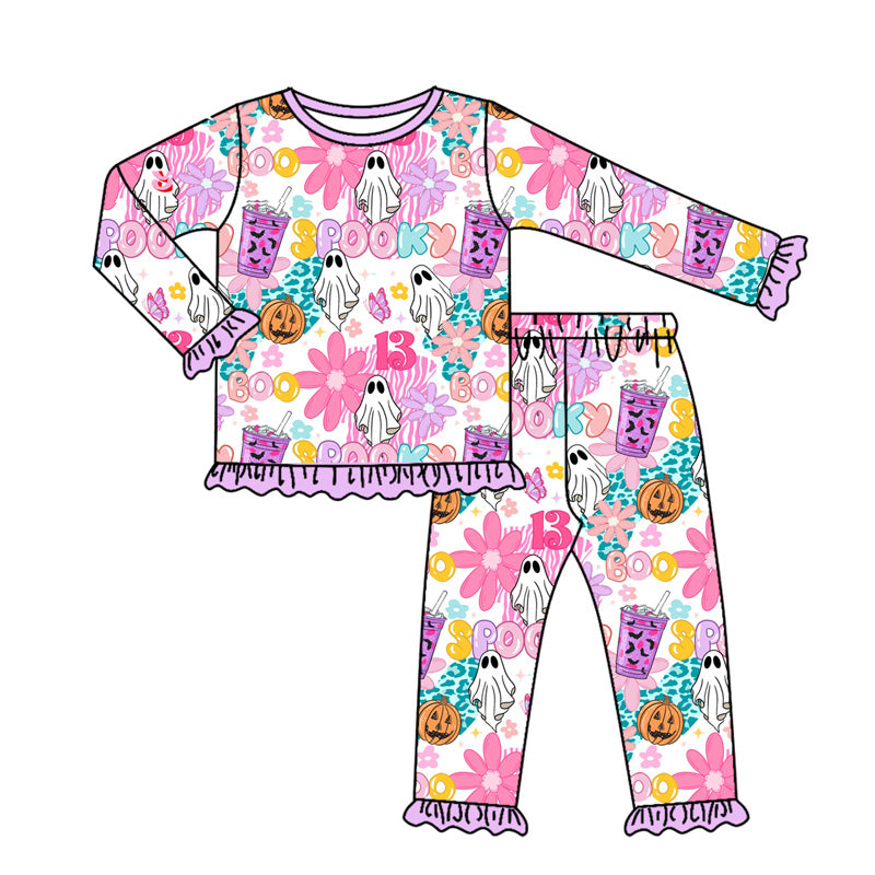Preorder moq 5 Baby Girls Pink Ghosts Flowers Top Pant Halloween Pajamas Set