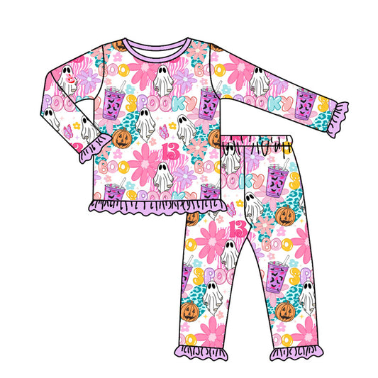 Preorder moq 5 Baby Girls Pink Ghosts Flowers Top Pant Halloween Pajamas Set