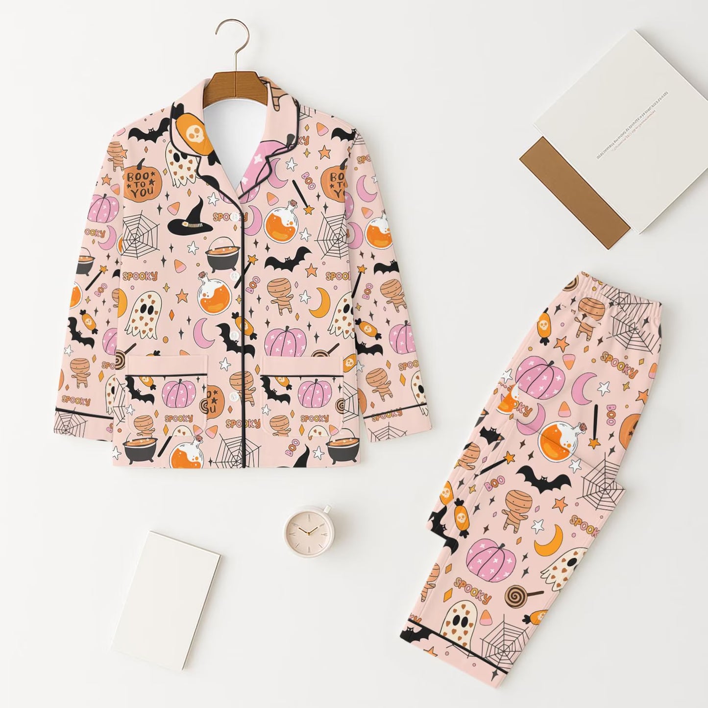Baby Girls Long Sleeves Ghost Pumpkin Button Pockets Top Pant Pajamas Set Preorder