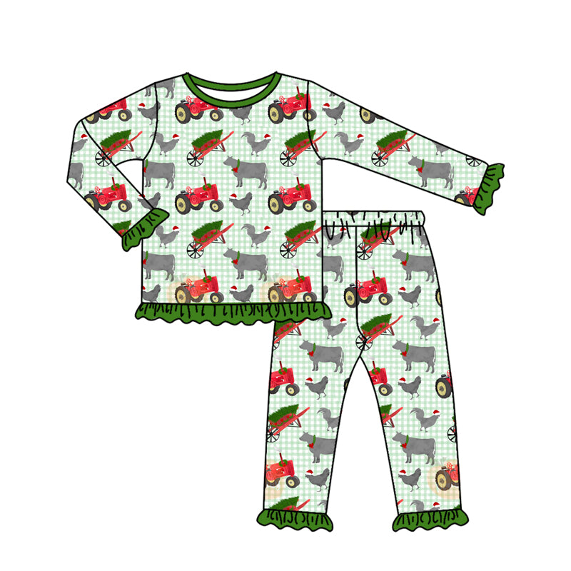 Baby Girls Long Ruffle Sleeves Christmas Farm Top Pant Pajamas Set Preorder
