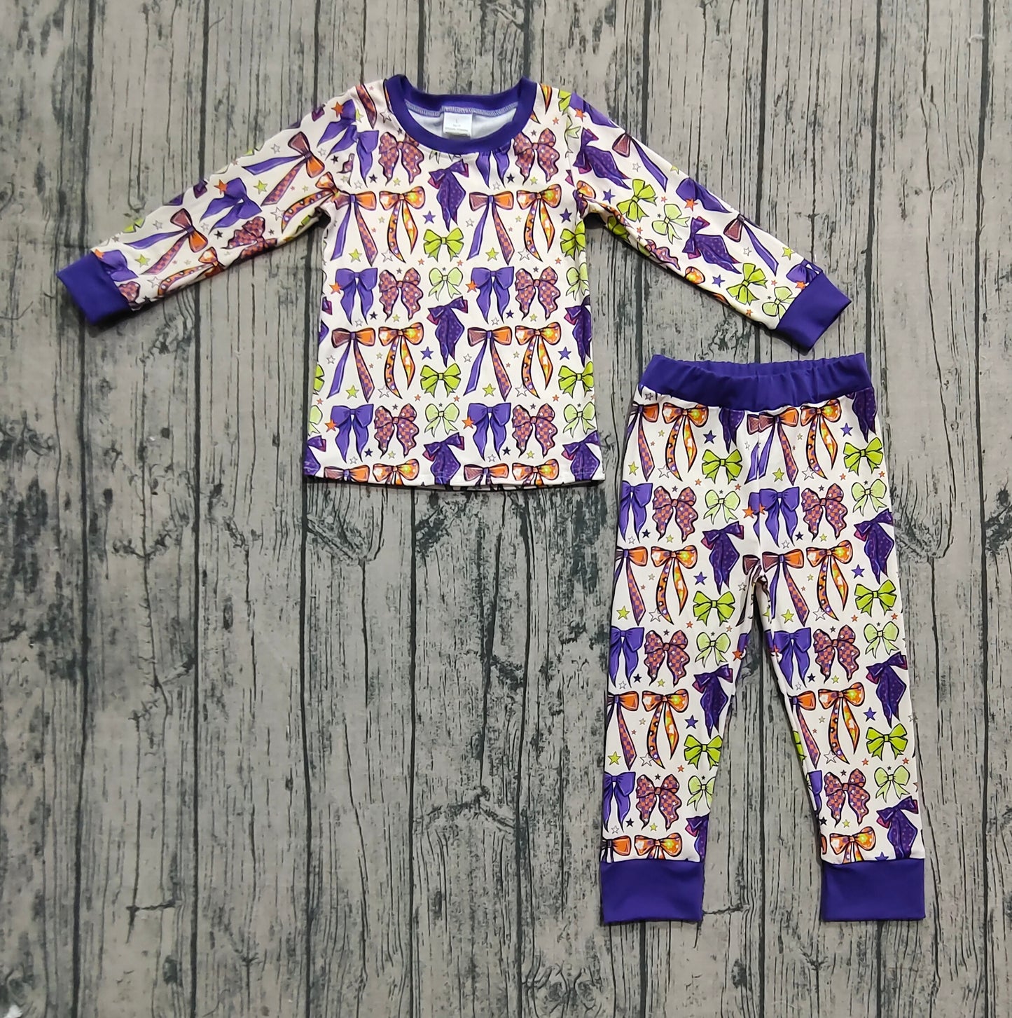 Baby Girls Purple Green Bows Stars Plaid Top Pant Pajamas Set