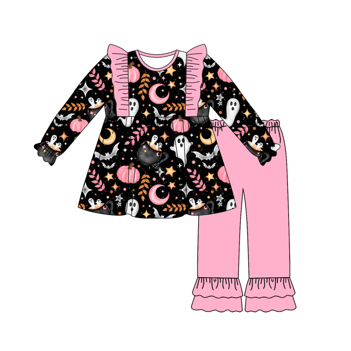 Baby Girls Long Sleeves Ghost Pumpkins Top Ruffle Pants Set Preorder